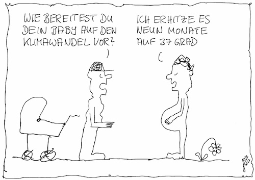 Cartoon: Klimawandel (medium) by Der kleine Herr Mann tagged klimawandel,klima,temperatur,wetter,veränderung,menschsein,geburt,kinder,paare,zukunft,vorsorge,nachsorge,angst,kreativ,menschen,kinderwagen,kinderstube,frage,ideen,gelassenheit,schlagfertig,mann,frau,leben,sinn,unsinn