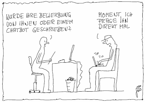 Cartoon: Original und Kopie (medium) by Der kleine Herr Mann tagged ki,computer,intelligenz,bewerbung,chef,angestellter,auszubildender,wissen,original,kopie,menschsein,leben,veränderung,beziehung,unwissenheit,selbsterkenntnis