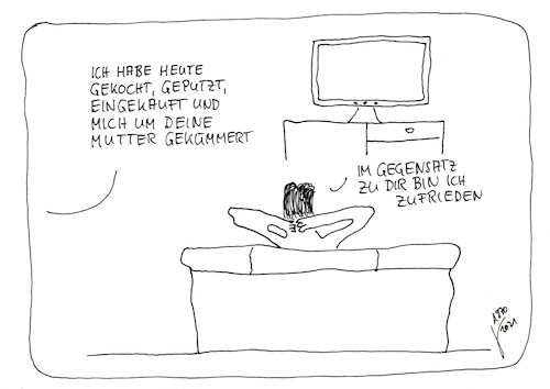 Cartoon: Paare (medium) by Der kleine Herr Mann tagged zufriedenheit,zufriedensein,kochen,putzen,einkaufen,mutter,haushalt,kümmern,mann,frau,paare,fernsehen,entspannen,gemütlich,gemütlichkeit,sichtweisen,leben,menschsein,vorwurf,empathie,gelassenheit,ignoranz,schwiegermutter,hilfsbereit,hilfsbereitschaft,thomas,bäder,derkleineherrmann