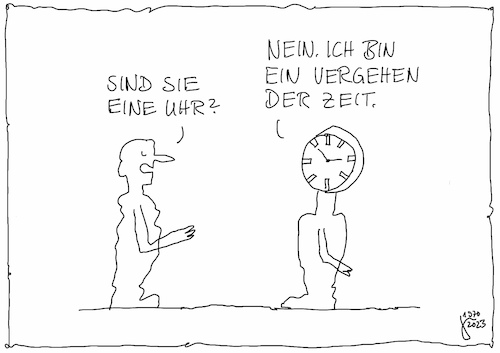 Cartoon: Uhr-Zeit (medium) by Der kleine Herr Mann tagged zeit,uhr,mensch,leben,menschsein,vergänglichkeit,frage,uhrzeiger,cartoon,derkleineherrmann,vergehen,begegnung,ticken,zeitmessung,thomas,bäder