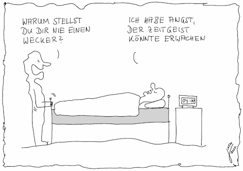 Cartoon: Zeitgeist (medium) by Der kleine Herr Mann tagged bett,wecker,zeitgeist,menschsein,angst,erwachen,paare,thomas,bäder,derkleineherrmann,leben,denken,schlagfertig,ausrede,eingabe,vision,liegenbleiben,schlafzimmer,übersprungsgedanke