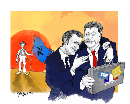 Cartoon: La Grande Nation goes rogue (medium) by Grethen tagged emmanuel,macron,french,china,visit,nato