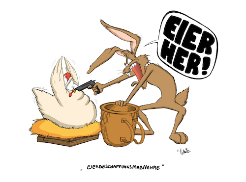 Cartoon: Eieiei... (medium) by Painter tagged hase,huhn,ei,ostern,nest,stroh,heu,angst,waffe,knarre,pistole,federn,ohren,korb,drohen