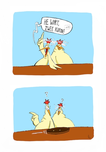 Cartoon: Kneipengeschichten Nr. 01 (medium) by Painter tagged huhn,korn,kneipe,trinken,alkohol,betrunken,lallen,tablet,theke,federn