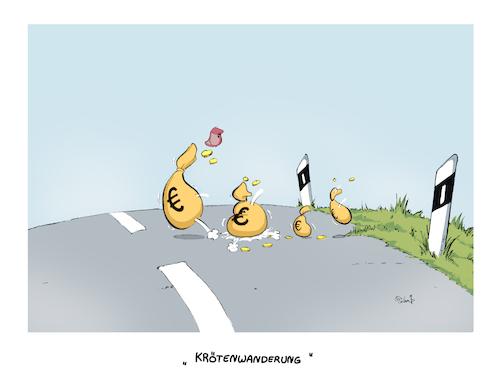 Cartoon: Schnelles Geld (medium) by Painter tagged geld,steuern,kohle,moneten,zaster,mäuse,kröten,straße,asphalt,gras,scheine,münzen,hüpfen,verkehr