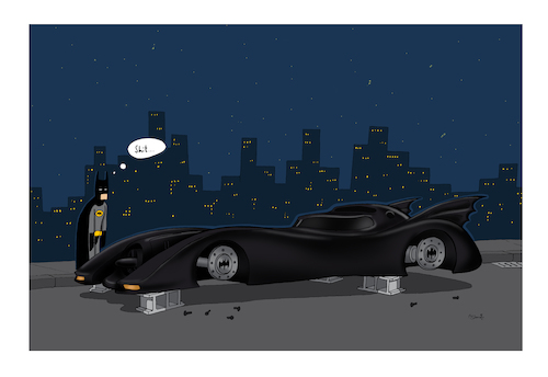 Cartoon: Shit! Nr. 01 (medium) by Painter tagged batman,batmobil,reifen,diebstahl,gotham,nacht,shit,schwarz,umhang,held