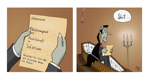 Cartoon: Shit! Nr. 03 (medium) by Painter tagged shit,dracula,vampir,sarg,gruft,spinne,kerzen,leuchter,solarium,amt,brief,umhang,beißen