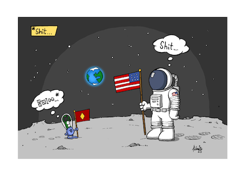 Cartoon: Shit! Nr. 05 (medium) by Painter tagged shit,alien,astronaut,erde,mond,mondlandung,weltraum,sterne,fahne,dunkel,leuchten,außerirdisch,universum
