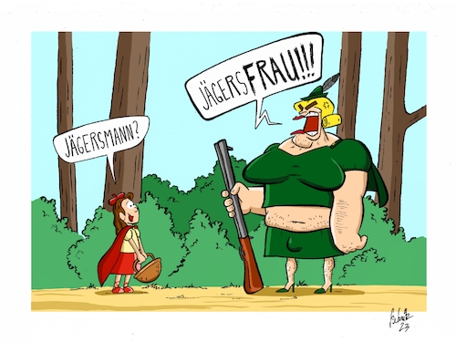 Cartoon: Trans im Wald (medium) by Painter tagged jäger,rotkäppchen,lgbtq,trans,wald,baum,bäume,busch,flinte,waffe,umhang,märchen