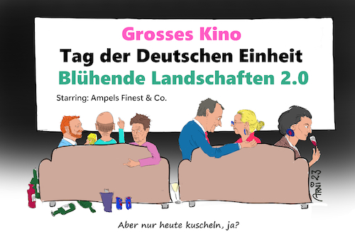 Cartoon: 3. Oktober Einheitskuscheln Sofa (medium) by Arni tagged sofa,couch,tag,der,deutschen,einheit,habeck,scholz,olaf,therapeut,therapie,lindner,merz,friedrich,alice,weidel,sarah,wagenknecht,kino,bildschirm,leinwand,blühende,landschaften,reloaded,ampel,politik,spd,grüne,fdp,cdu,afd,linke,osten,westen