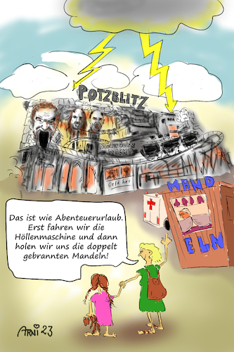 Cartoon: Abenteuerurlaub Oktoberfest (medium) by Arni tagged wiesn,oktoberfest,höllenblitz,potzblitz,politik,wahl,wahlveranstaltung,söder,aiwanger,hofreiter