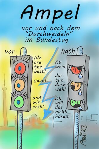 Cartoon: Ampel vor und nach Durchweideln (medium) by Arni tagged kritik,weidel,bundestag,parteien,ampel,regierung,parlament,abgeordnete,afd,spd,cdu,csu,grüne,grünen,fdp,ablehnen,ablehnend,unachtsam,ausgrenzend,vorbild,vorbilder