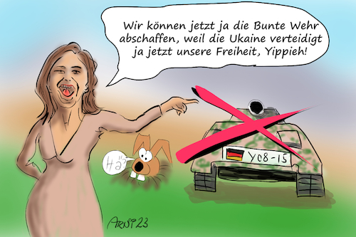 Cartoon: Annalena will jetzt abrüsten? (medium) by Arni tagged annalena,baerbock,worte,aussagen,versprechungen,wähler,deutschland,ukraine,ukaine,panzer,abrüsten,verschrotten,liefern,selenski,außenministerin,politik,krieg,logik,kriegslogik