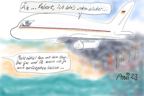 Cartoon: Baerbock lässt Kerosin ab 2.0 (medium) by Arni tagged baerbock,habeck,rohstoff,rohstoffe,kerosin,flugreise,abu,dhabi,regierungsflieger,zurückgeben,rückgabe,wüste,ablassen,verseuchen,verschmutzen,natur,klima,flugdienst,panne,australien,annalena,robert