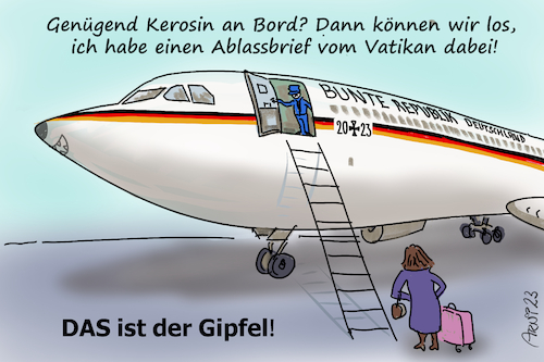 Cartoon: Baerbocks Kerosin Gipfel (medium) by Arni tagged annalena,baerbock,gipfel,dubai,klimakonferenz,cop28,flieger,regierung,flugdienst,kerosin,ablassen,ablass,brief