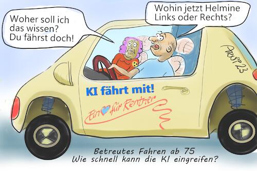 Cartoon: Betreutes Fahren ab 75 - mit KI (medium) by Arni tagged ki,künstliche,intelligenz,fahren,75,betreut,betreutes,begleitet,begleitetes,führerschein,blind,beifahrer,beifahrerin,kontrolle,best,ager,gesetzesentwurf,vorschlag