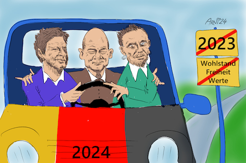 Cartoon: Blindes Vertrauen unter Freunden (medium) by Arni tagged ampel,jahr,jahreswechsel,2023,2024,scholz,lindner,habeck,spd,grüne,fdp,regierung,koalition,auto,lenkrad,lenken,werte,verlust