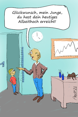 Cartoon: Börsenjunge Allzeithoch (medium) by Arni tagged börse,chart,charts,börsianer,trader,trading,aktien,dax,bulle,bär