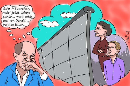 Cartoon: Brandeilige Bundesmauer (medium) by Arni tagged mauer,brandmauer,bund,regierung,unliebsam,abgrenzung,ausgrenzung,wahl,wahlen,scholz,olaf,weidel,alice,sahra,sarah,wagenknecht,neue,partei,koalition,opposition