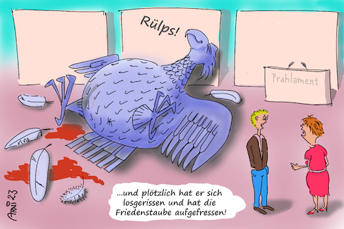 Cartoon: Bundesadler vs. Friedenstaube (medium) by Arni tagged bundesadler,krieg,frieden,konflikt,taube,friedenstaube,parlament,politik,politiker,kriegsgeil,bewaffnet,waffen,waffenhandel,lobby,waffenlobby,verteidigung,verhandlungen,abbruch,wiederaufnahme,hamas,israel,konfliktgebiete,interessen,usa,russland,ukraine,brandherde,expansion,öl,gas,bodenschätze