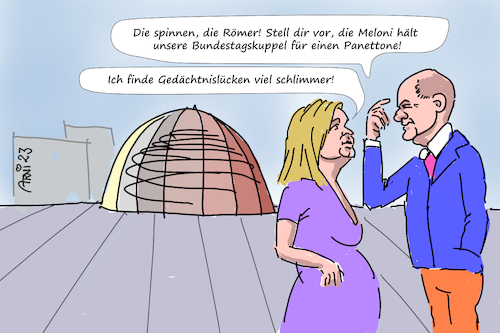 Cartoon: Bundestagskuppelpanettone (medium) by Arni tagged kuchen,italienisch,rom,römer,meloni,italien,deutschland,bundestag,kuppel,glas,panettone,lücke,gedächtnis,olaf,scholz,nancy,faeser,spd,regierung,missverständnis