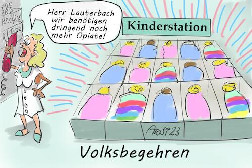 Cartoon: Das Volk braucht Opiate (medium) by Arni tagged volk,bevölkerung,medikamente,bevorratung,verknappung,pharma,lauterbach,karl,krankenhaus,krankenhäuser,kinderstation,beruhigung,ard,zdf,rtl,3sat,netflix,youtube,instagram,bestellung,ruhig,stellen,schreit,schreien,brüllt,brüllen,kinder,kleinkind,kleinkinder,baby,babys