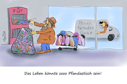 Cartoon: Einfach Pfandastisch! (medium) by Arni tagged pfand,penner,obdachlose,sammeln,flaschen,dosen,einlösen,aufsammeln,arm,bedürftig,schnorren,papierkorb,abfall,geld,münzen,kleingeld,zuverdienst,bettler,betteln,steuer,zoll,fahnder,fahndung,rente,rentner,rentnerin,senior