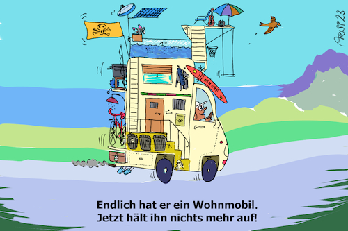 Cartoon: Endlich ein Wohnmobil 2 (medium) by Arni tagged wohnmobil,mobilheim,flexibel,flucht,flüchten,traum,träumen,van,camper,campen,unterwegs,urlaub,frei,freiheit,reisen,ausland,meer,berge,see,strand,natur