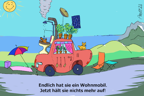 Cartoon: Endlich ein Wohnmobil (medium) by Arni tagged wohnmobil,freiheit,frau,fahrerin,berge,see,meer,gebirge,camping,hund,katze,blumen,solar,heizung,tisch,stuhl,urlaub,auswandern,süden,norden