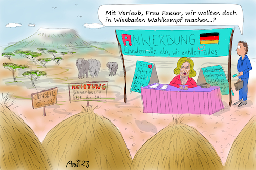 Cartoon: Faesers Außengrenzen-Wahlkampf (medium) by Arni tagged wahlkampf,spd,hessen,nancy,faeser,olaf,scholz,afrika,jenseits,außengrenzen,eu,europäische,union,fachkräfte,mangel,anwerben,anwerbung,kontrollen,einstellung,pass,paß,politiker,mutti