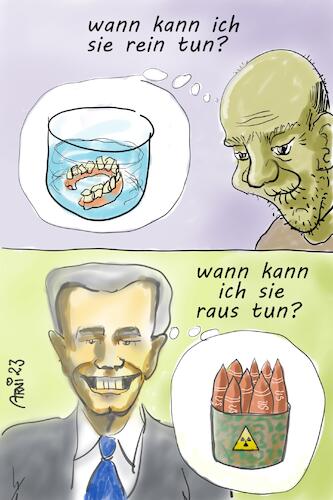 Cartoon: Gedanken alter Männer (medium) by Arni tagged gedanken,träume,alte,alter,ältere,mann,männer,politiker,biden,joe,atomwaffen,raketen,gebiss,glas,einsetzen,loslassen,raus,lassen,missiles,atomare,bedrohung,nuklear