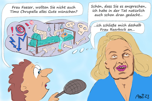 Cartoon: Faesers Wünsche für Chrupalla (medium) by Arni tagged nancy,faeser,annalena,baerbock,timo,chrupalla,alice,weidel,afd,spd,politik,politiker,wahlkampf,alles,gute,genesung,stich,nadel,krankenhaus,wünsche