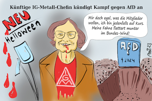 Cartoon: Gewerkschaftskriegserklärung AfD (medium) by Arni tagged gewerkschaft,igm,ig,metall,kriegserklärung,christiane,benner,afd,fahne,fähnchen,horn,rechts,kampf