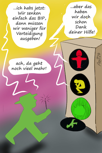 Cartoon: Grüne BIP Taktik tack tick tack (medium) by Arni tagged taktik,ampel,koalition,regierung,berlin,bip,verteidigung,haushalt,prozent,bundesinlandsprodukt,habeck,grüne,rot,spd,olaf,scholz,lindner,gelb,fdp,versprechen,verpflichtung,ausrede,kriegsfähig,werden,tack