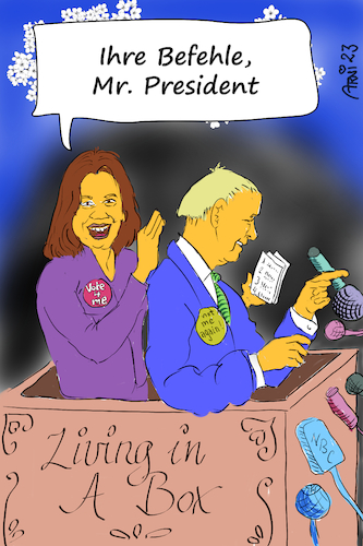 Cartoon: Harris befiehlt Joe Biden (medium) by Arni tagged kamela,harris,joe,biden,usa,politik,politiker,wahl,wahlen,demokraten,republikaner,vorschriften,befehle,order,presse,pressekonferenz,öffentlichkeit,auftritt,macht,hintergrund,peinlich,senil