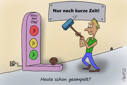 Cartoon: Heute schon ge-AMPEL-t? (medium) by Arni tagged ampel,olaf,scholz,rot,grün,gelb,regierung,koalition,berlin,hau,den,lukas,hammer,nur,kurze,zeit,umfragen,tief