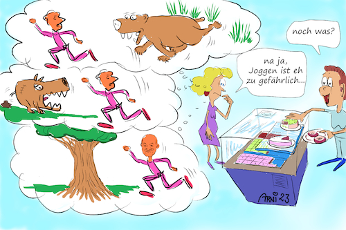 Cartoon: Joggen ist voll gefährlich (medium) by Arni tagged schweinehund,joggen,sport,entschuldigung,bär,wolf,hund,kampfhund,tot,tote,baum,olaf,scholz,auge,augenklappe,bäckerei,konditor,konditorei,bäcker,süsses,kuchen,torte,stückchen,plunder,donuts,süsskram,süßkram,kaffee,cafe