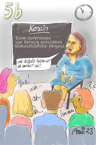 Cartoon: Kerosin ablassen - Erklärung (medium) by Arni tagged rohstoff,rohstoffe,kerosin,flugreise,abu,dhabi,regierungsflieger,wüste,ablassen,verseuchen,verschmutzen,meer,natur,klima,flugdienst,panne,annalena,baerbock,schule,schüler,wissenschaft,erklärung,logik