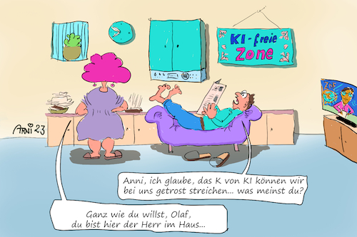 Cartoon: KI-freie Zone ?! (medium) by Arni tagged künstliche,intelligenz,ki,paar,olaf,anni,selbstkritik,selbstkritisch,kritisch,kritik,öffentlich,öffentliche,meinung,meinungsmache,mainstream,annalena,scholz,baerbock,parteien,partei,linie