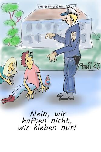 Cartoon: Klimakleber haften nicht (medium) by Arni tagged haftung,klebung,kleben,haften,klima,kleber,klebstoff,klimakleber,aktion,polizist,beamter