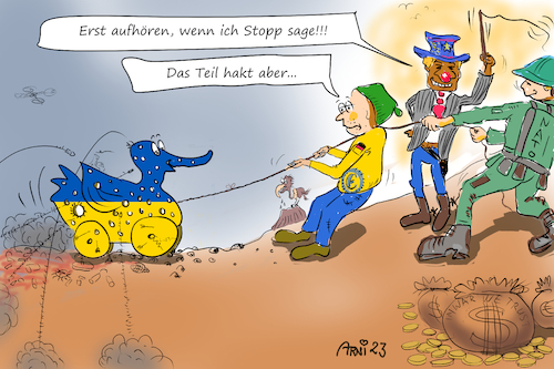 Cartoon: Kriegs-Ente in Sicht! (medium) by Arni tagged gefechte,ente,beendigung,stillstand,verhandlungen,verhandeln,fordern,forderungen,panzer,f16,raketen,taurus,drohnen,angriff,verteidigung,ende,schluß,schluss,krieg,konflikt,bewaffnet,verdienst,verdienen,waffen,frieden,usa,eu,nato,geld,macht,unfriedlich,putin