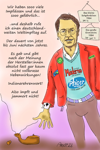 Cartoon: Lauterbachs Flaschengeist (medium) by Arni tagged karl,lauterbach,gesundheit,ministerium,lobby,hersteller,moderna,pfizer,lobbyisten,zuwendungen,impfung,covid,corona,angst,flasche,geist,nebenwirkungen,haftung