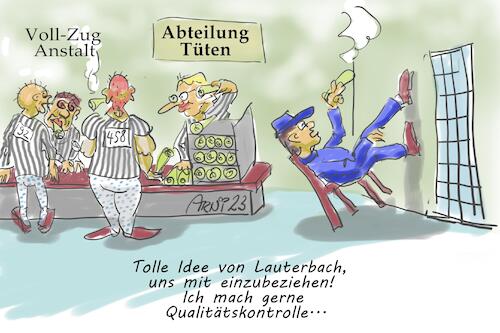 Cartoon: Lauterbachs Tütenfertigung (medium) by Arni tagged tüte,tüten,kleben,gefängnis,knast,cannabis,lauterbach,karl,politik,rauchen,droge,einstiegsdroge,drogen,vollzug,haft,haftanstalt,beamte,beamter,wärter,ziehen,anstalt