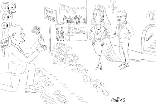 Cartoon: Mauerfall 2.0 - 3. Oktober in SW (medium) by Arni tagged mauerfall,mauer,brandmauer,merz,friedrich,alice,weidel,tino,chrupalla,regierung,opposition,ampel,hochzeit,fest,neuland,schutt,steine,ringe,ring,volk,wahlen,bürger,afd,cdu,spd,grüne,linke,fdp