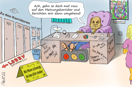 Cartoon: Meinungskorridore leicht gemacht (medium) by Arni tagged büro,kanzler,bundeskanzler,meinung,korridor,schweigen,schweigt,geld,macht,lobby,baselitz,spaß,spass,cdu,csu,spd,grüne,afd,chef,boss,bsw