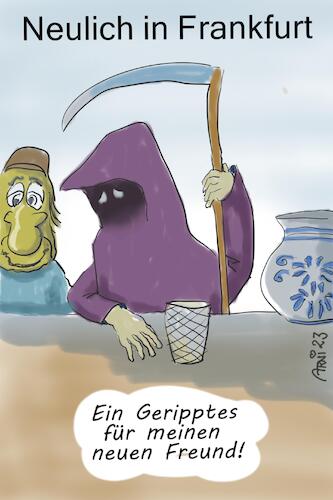 Cartoon: Neulich in Frankfurt - Geripptes (medium) by Arni tagged apfelwein,äppel,äppelwoi,glas,geripptes,bembel,sauer,tief,gespritzter,süß,süss,gerippe,frankfurt,sachsenhausen,sense,sensenmann,tod,verständigung,freund,freunde,ausgeben