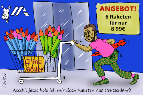 Cartoon: Raketen aus deutschen Landen (medium) by Arni tagged selenskyj,selenski,selensky,ukraine,krieg,konflikt,rakete,raketen,deal,sylvester,silvester,neues,jahr,neujahr,import,export,bewaffnen,bewaffnet