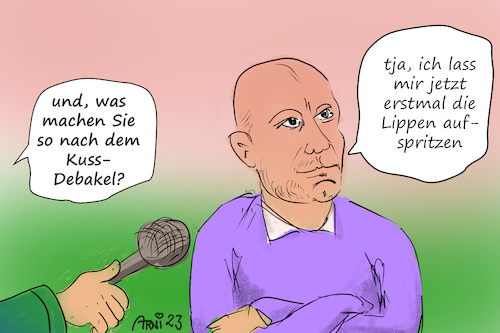 Cartoon: Rubiales neue Pläne (medium) by Arni tagged luis,rubiales,kuss,mund,lippen,ausstieg,abdanken,quittieren,zwang,zwänge,fußball,öffentlichkeit,verband,schluss,schluß,rücktritt,tritt,zurück,jennifer,hermoso