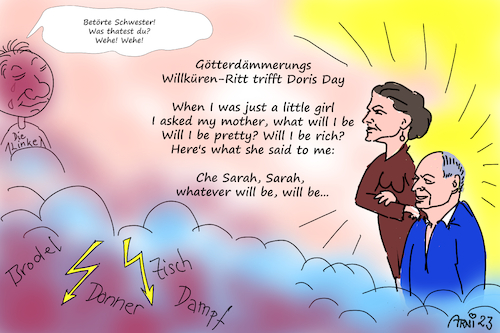 Cartoon: Sahra Willkürenritt Doris Day (medium) by Arni tagged die,linke,sahra,sarah,wagenknecht,walküren,ritt,willkür,oskar,lafontaine,doris,day,che,sera,sara,wagner