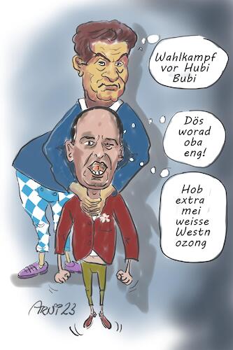 Cartoon: Schlachtfest abgesagt (medium) by Arni tagged söder,aiwanger,markus,hubert,hubi,festhalten,hält,fest,csu,freie,wähler,bayern,politik,politiker,hetzschrift,flyer,flugblatt